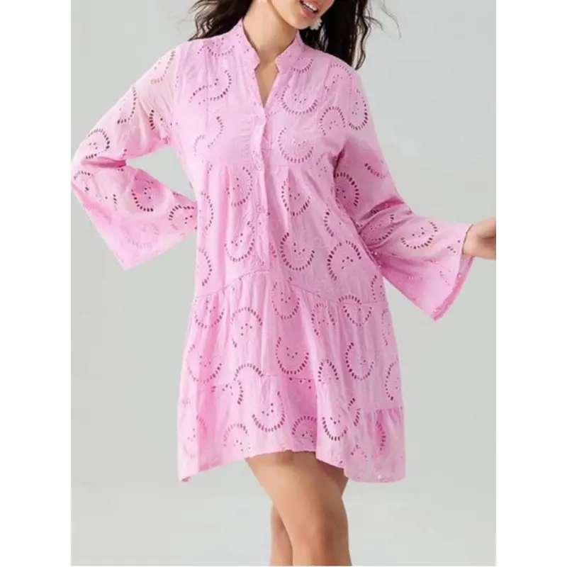 Eyelet Embroidery Cutaway Collar Long Sleeve Blouse Dress, Unique Casual Bohemian Style Elegant Ruffle Sleeve Front Button Short Dress Suitable for Vacation, Long Sleeve Vacation Dress, Women's Clothing, Ladies' Summer Dress, Elegant and Dignified Dress