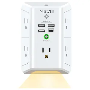 USB Wall Charger with Night Light, 5-Outlet Extender with 4 USB Ports (1 USB C), 1680 Joules Multi Plug Outlet for Home, Office, ETL, White