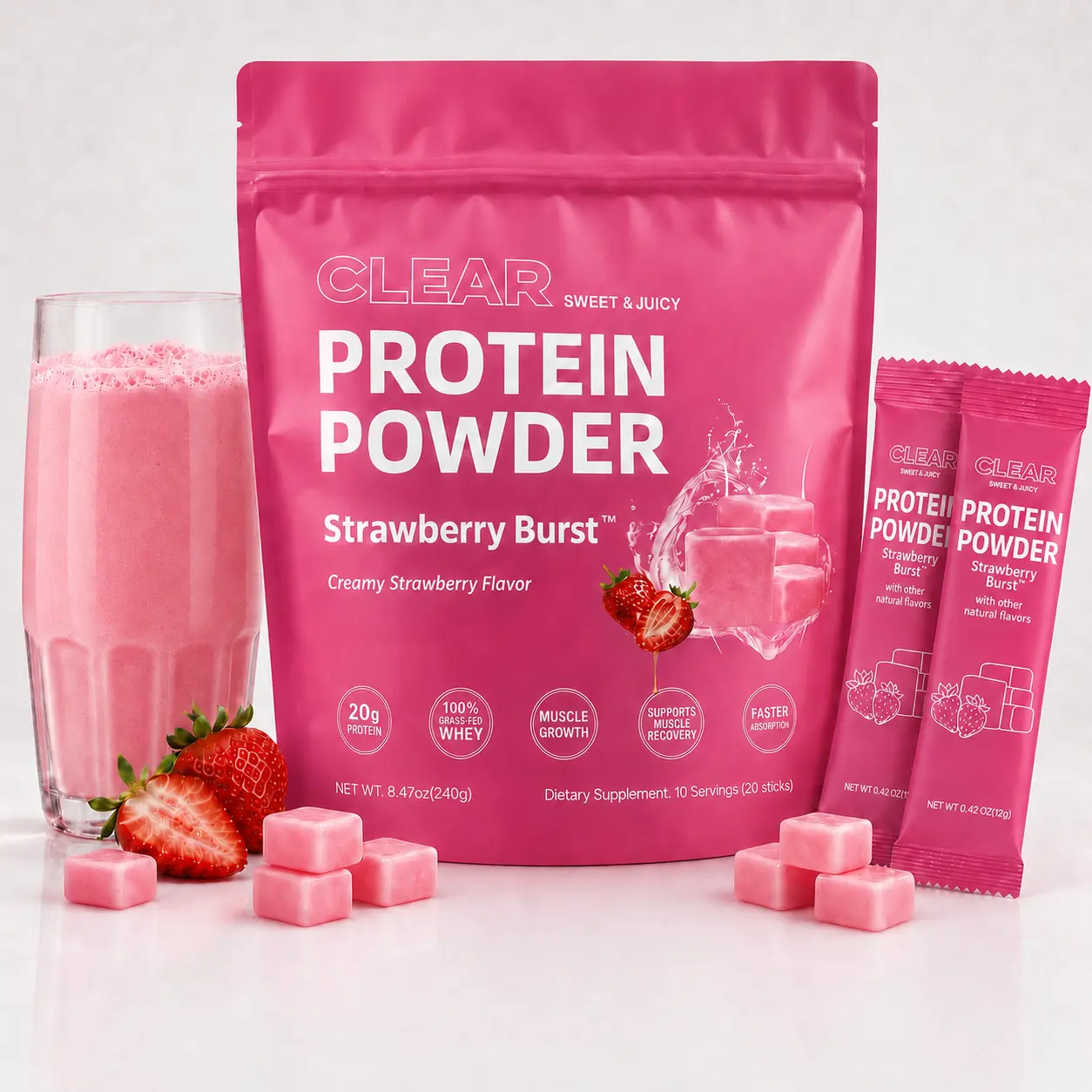 Strawberry Burst Clear Whey Protein Powder | 20g Protein Per Serving, Grass-Fed Whey Isolate Protein Blend | Light & Refreshing Fruity Protein Drink Mix | Smooth Strawberry Flavor