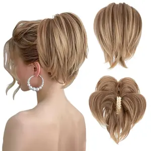95g Heavy Messy Bun Hair Piece—8 Inch Natural Straight Claw Clip Ponytail Hair Extensions for Women Voluminous Short Updo Synthetic Hair