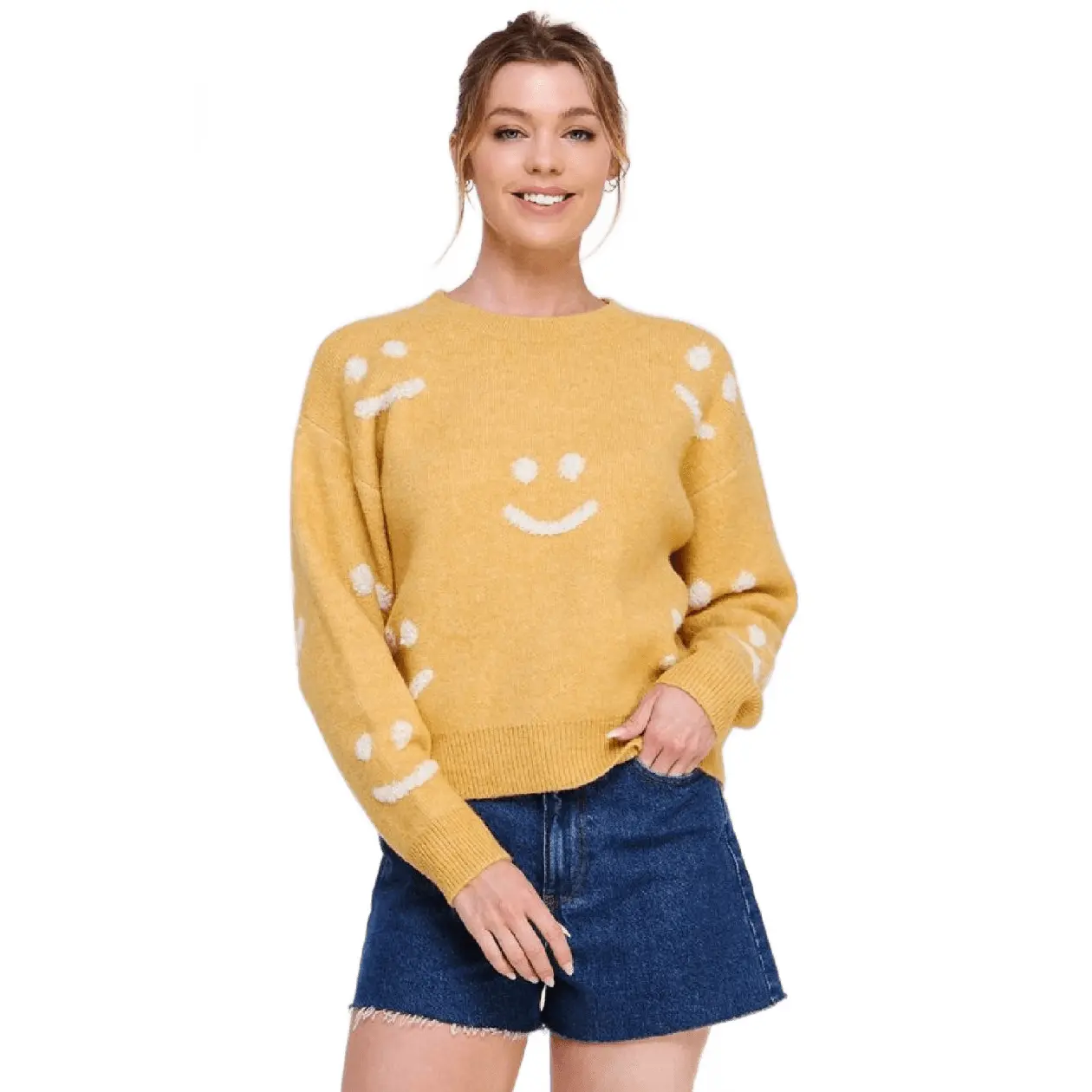 Soft Raised Smile Print Pullover Sweater,