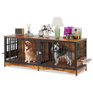 【Deal Today】Dog Crate Furniture Large Storage TV Stand with Plush Cushion / Bowls / Lockable Wheels, Wooden Dog Kennel Dog Crate End Table for Large Medium Dogs