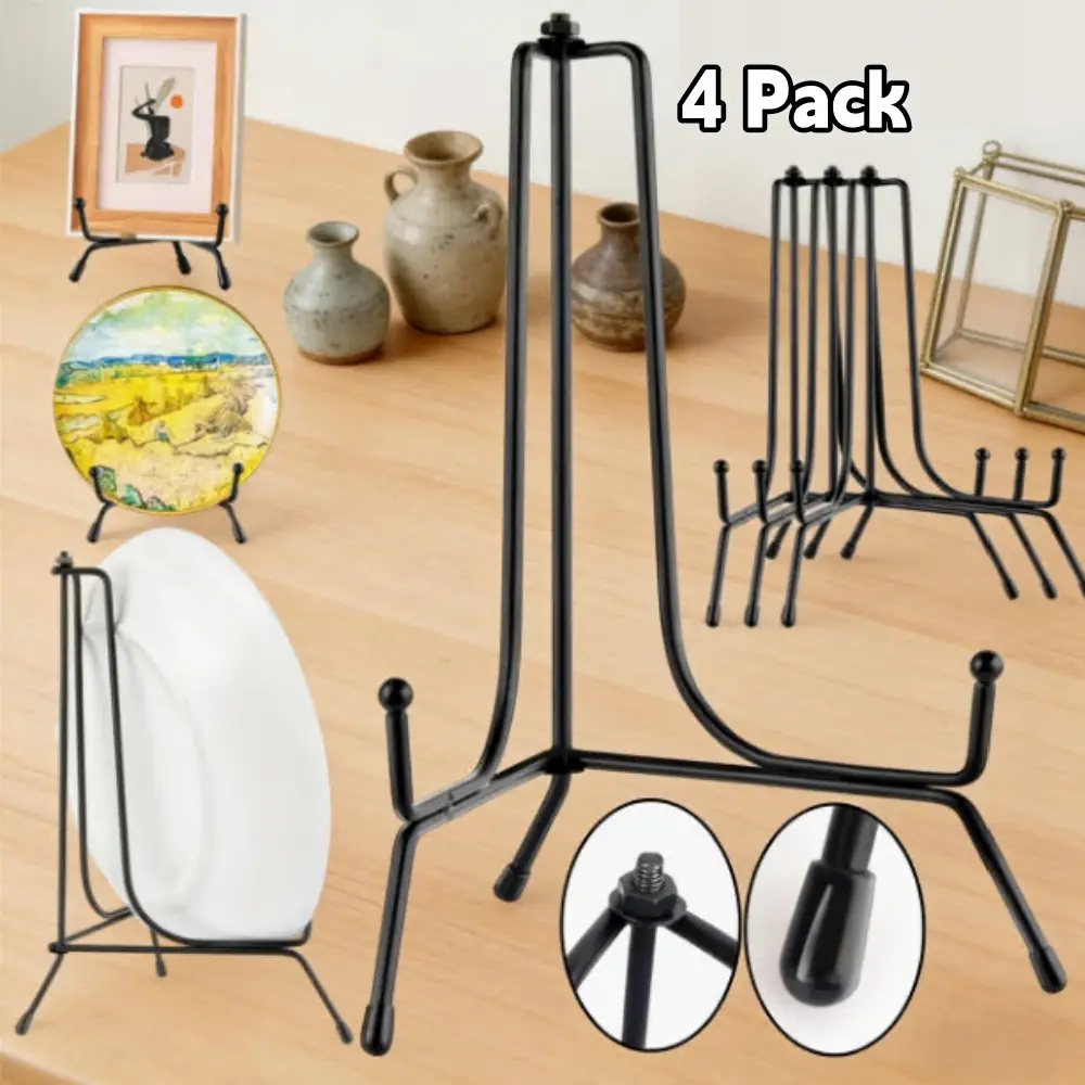 4pcs Anti-Slip Black Iron Easel Holder, Multi-Purpose Plate Display Stands, Foldable Plate Stands for Display |Display Easels, Baseball, Card Display Stand