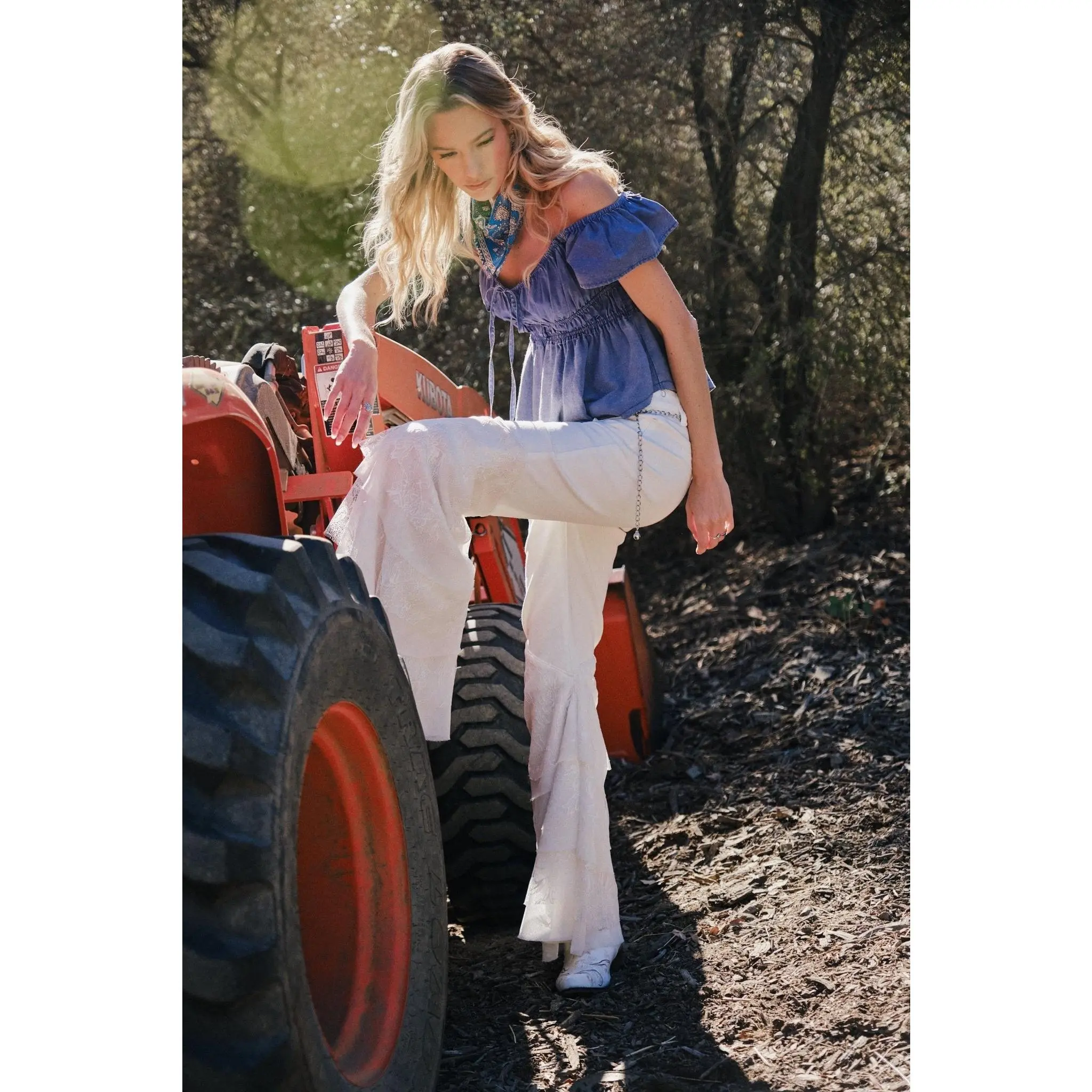 Mid Rise Lace Tiered Flare Denim Jeans