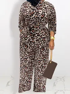 Plus Size Leopard Print Jumpsuit for Women – V Neck with Belted Waist, Wide Leg Casual Outfit Womenswear Adjustable