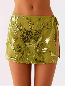 Women's Sequined Bow Tie Casual Evening Date Beach Vacation Swimsuit Halter Top Skirt Set, Stylish Swimwear for Women, Skirted Bathing Suit, Swimsuit Style