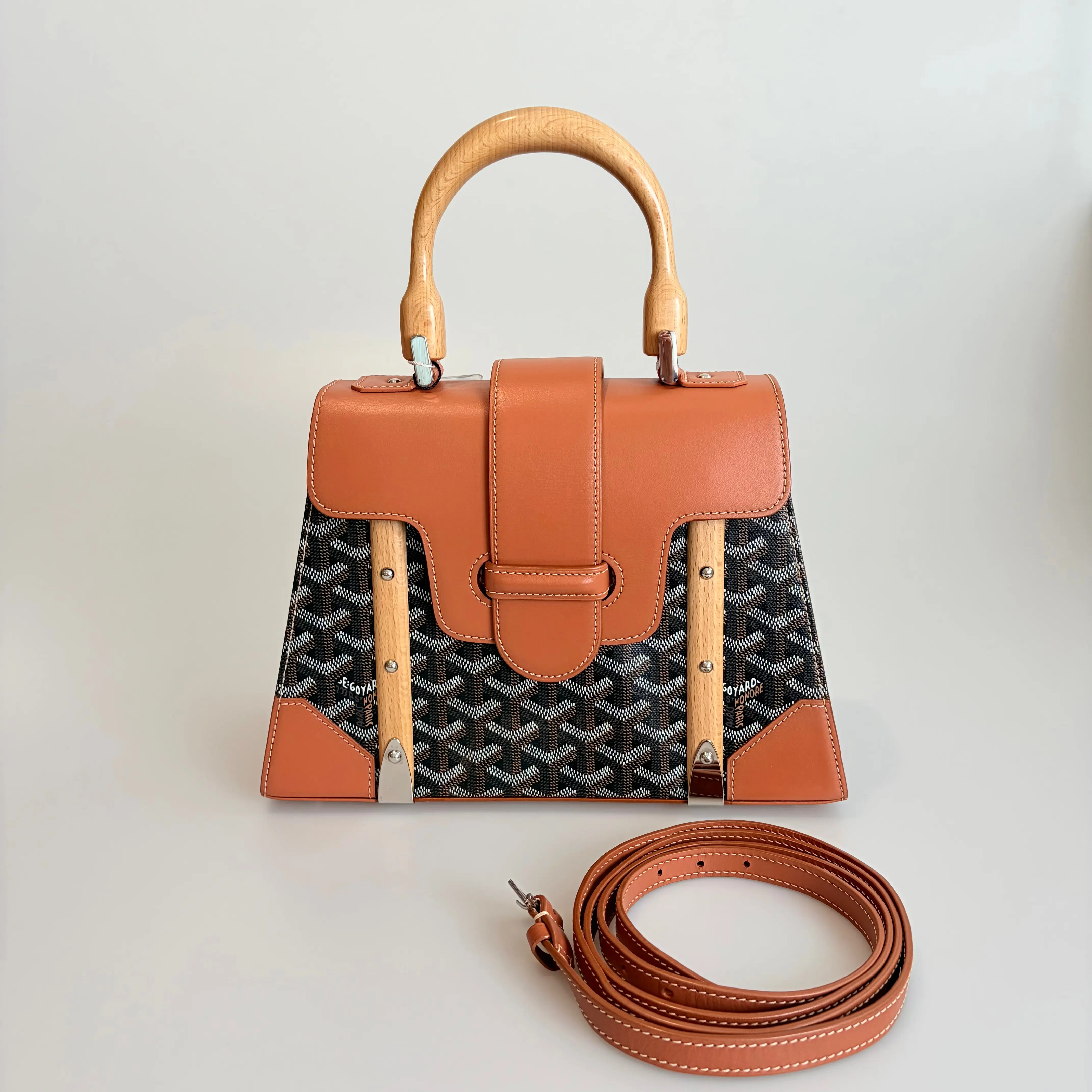 Pre-owned Goyard Canvas & Calfskin Crossbody Bag Pre‑Owned Saigon Small Brown & Black Goyardine Wood Top Handle 33777772 Sold As Is / Final Sale