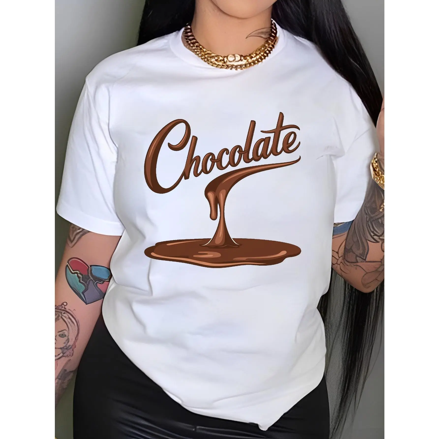 Women's Melanin Chocolate Drip Graphic T-Shirt, Casual Round Neck Shortsleeve Top in Soft 100% Cotton Fabric for Summer