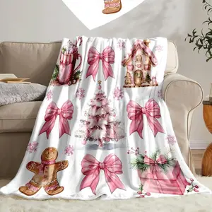 1pc All Season Flannel Blanket Ultra Soft Winter Gingerbread Houses Bow Heart Designs Cozy Durable Machine Washable Throw Perfect Suitable for beds and sofas can also be given as a gift