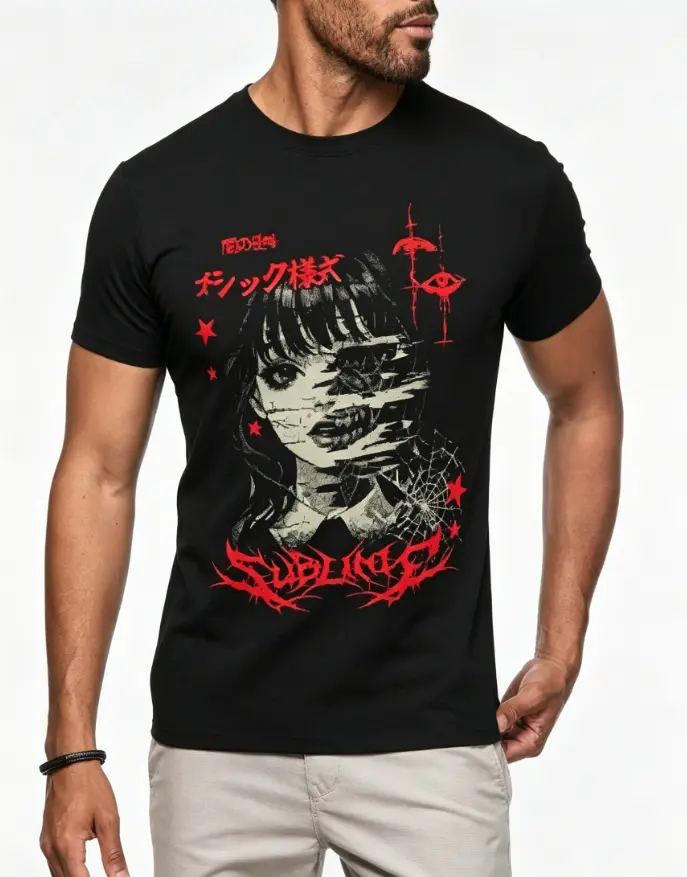 Men's Dark Anime Print Round Neck Short Sleeve T-Shirt, Fashion Street Life Graphic Tee, Suitable for Casual Wear, Perfect for Everyday Outfits, Polyester, Heat Transfer Print