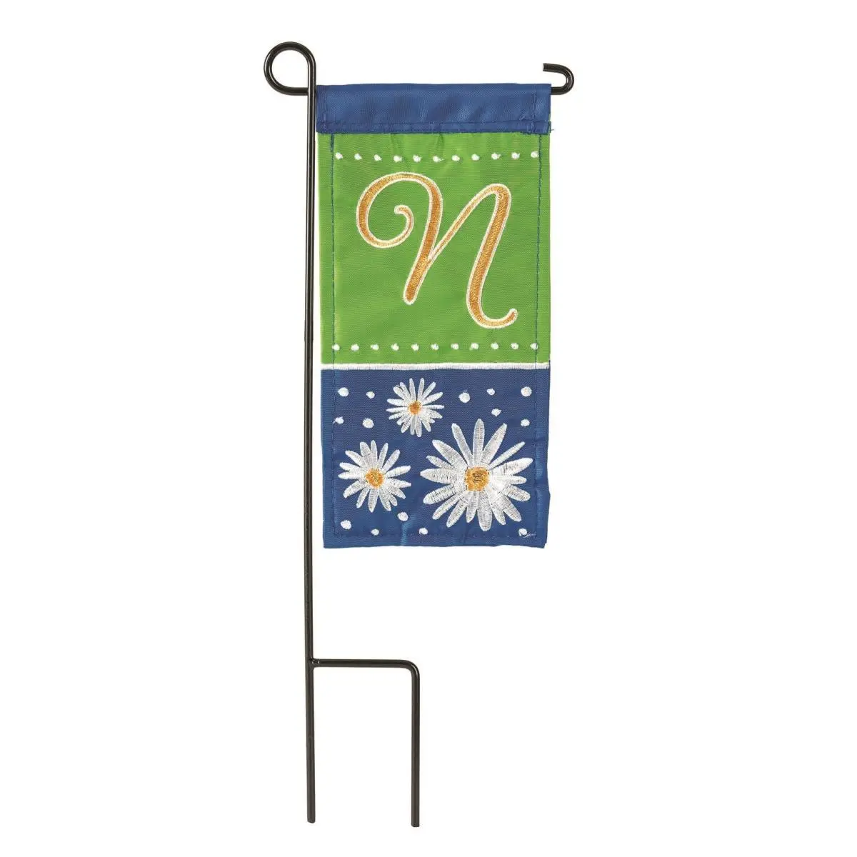 Dicksons M040051 4 x 8.5 in. Flag Double Applique Daisy Monogram N Burlap Mini I Flag With Pole