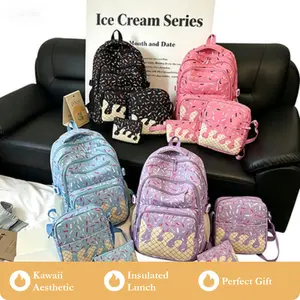 3-Piece Cute Colorful Ice Cream Series Backpack Set for Teen Girls, Lightweight Aesthetic School Travel Bookbag Daypack, Multi Matching Student Bag for Campus Vacation Daily Outings, Trendy TikTok OOTD Accessory