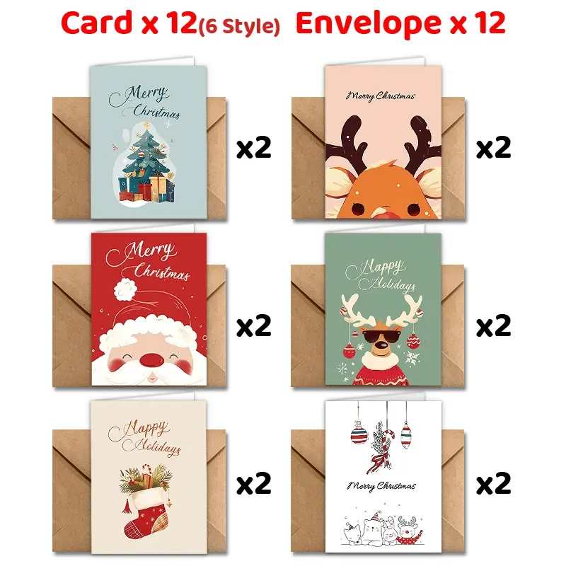 24 Christmas card set with envelope   featuring Santa Claus  deer and tree patterns  suitable for holiday greetings and thank you letters