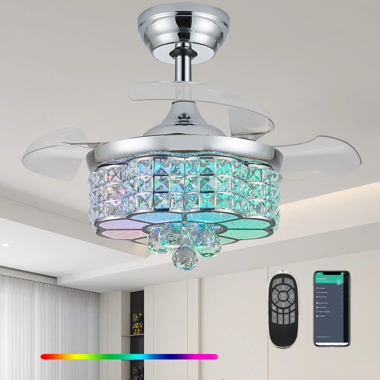 Zynfandor 30" RGB Crystal Retractable Ceiling Fan with Light Dimmable LED Chandelier, Remote & App Control, 6-Speed Timer, Memory Function for Bedroom Living Room,Silver