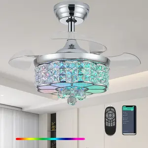 Zynfandor 30" RGB Crystal Retractable Ceiling Fan with Light Dimmable LED Chandelier, Remote & App Control, 6-Speed Timer, Memory Function for Bedroom Living Room,Silver