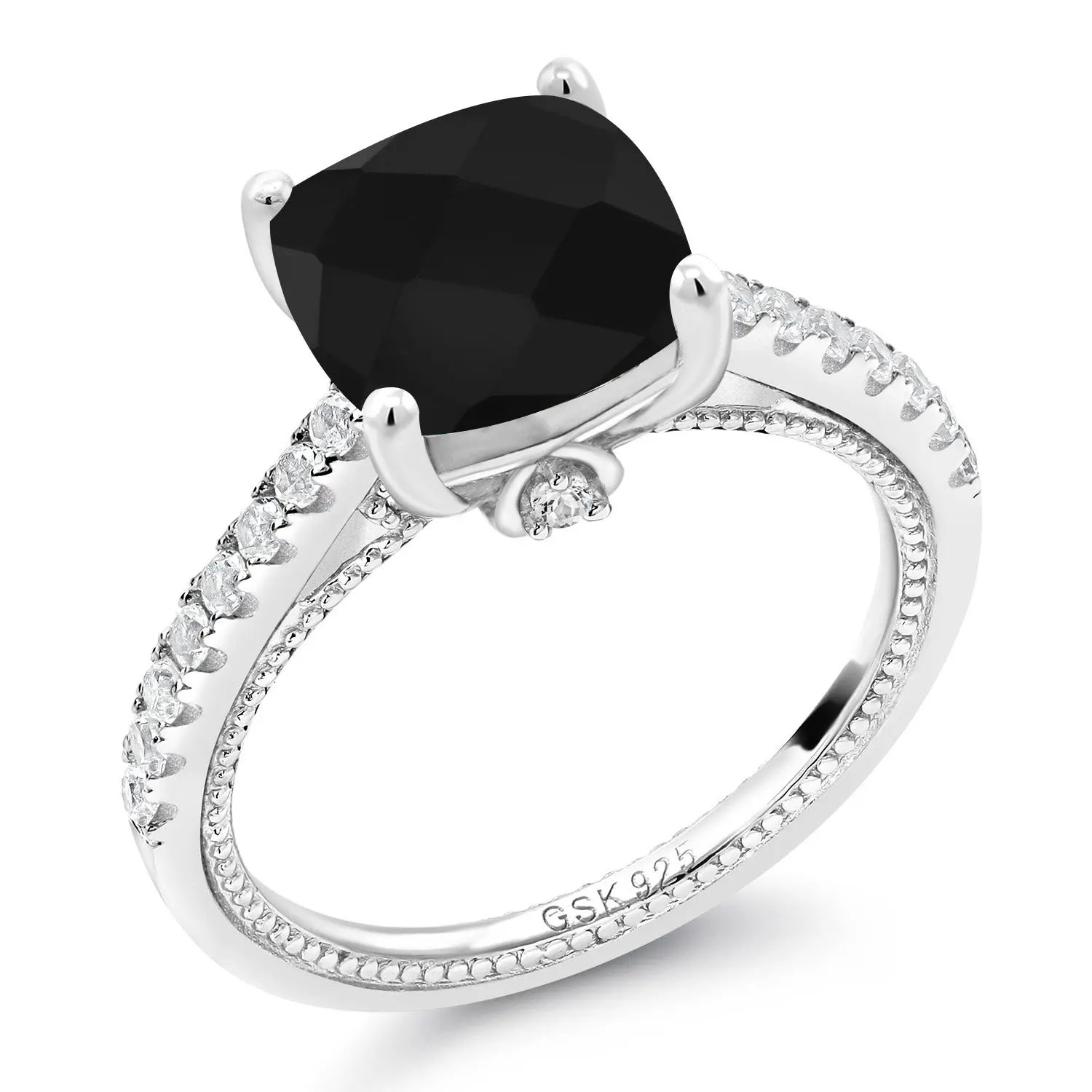 Gem Stone King 4.07 Cttw Black Onyx and White Created Sapphire Engagement Ring For Women | 925 Sterling Silver | Cushion Checkerboard Cut 10MM | Wedding Engagement Anniversary Promise Ring