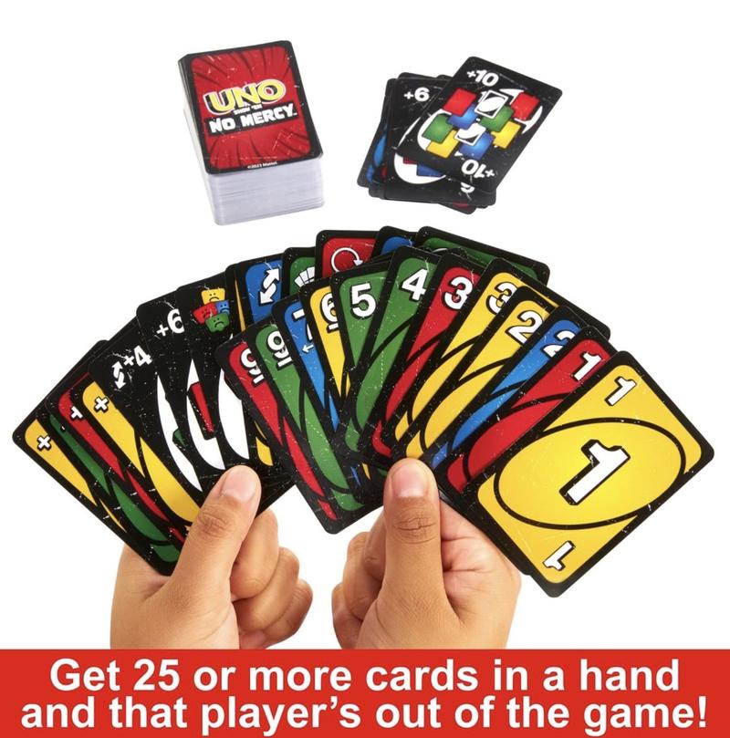 Mattel Games UNO Show ‘em No Mercy Card Game in Storage & Travel Tin for Kids, Adults & Family Night with Extra Cards, Special Rules & Tougher Penalties uno show card games card game