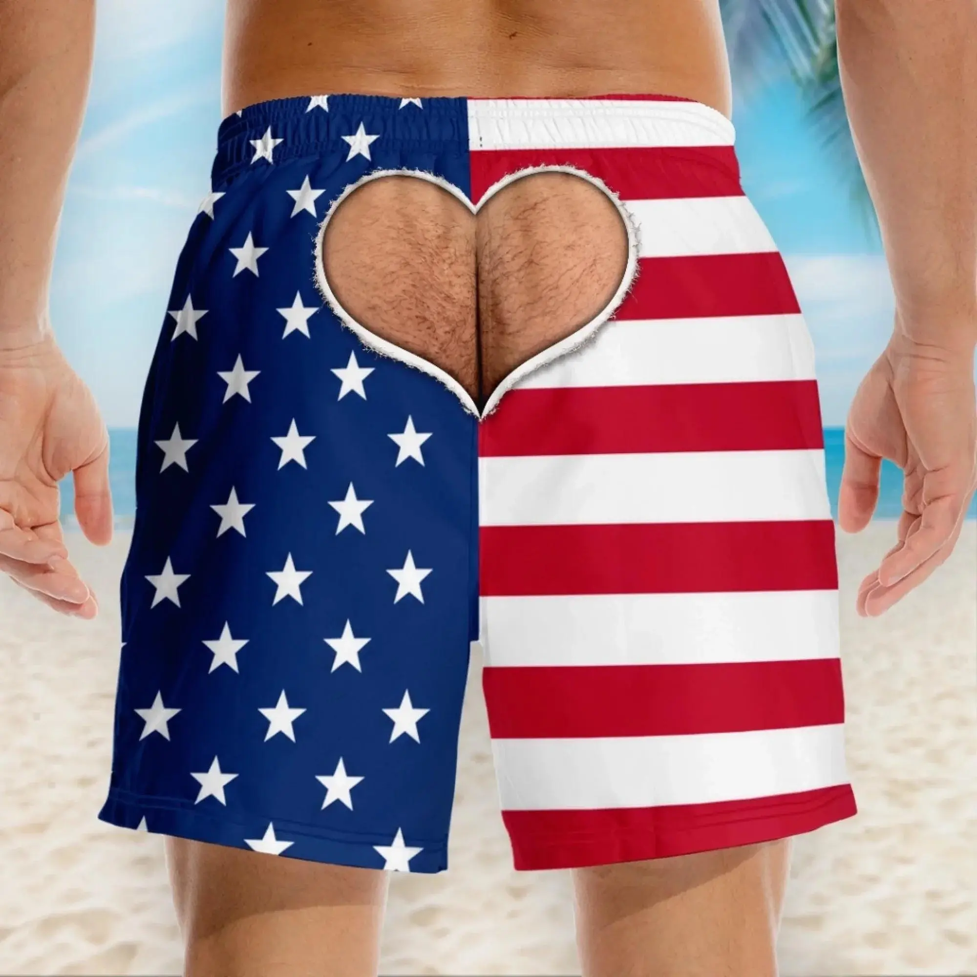 Funny Heart Butt Swim Trunks, Custom American Flag Beach Shorts, Funny Birthday Gift HG