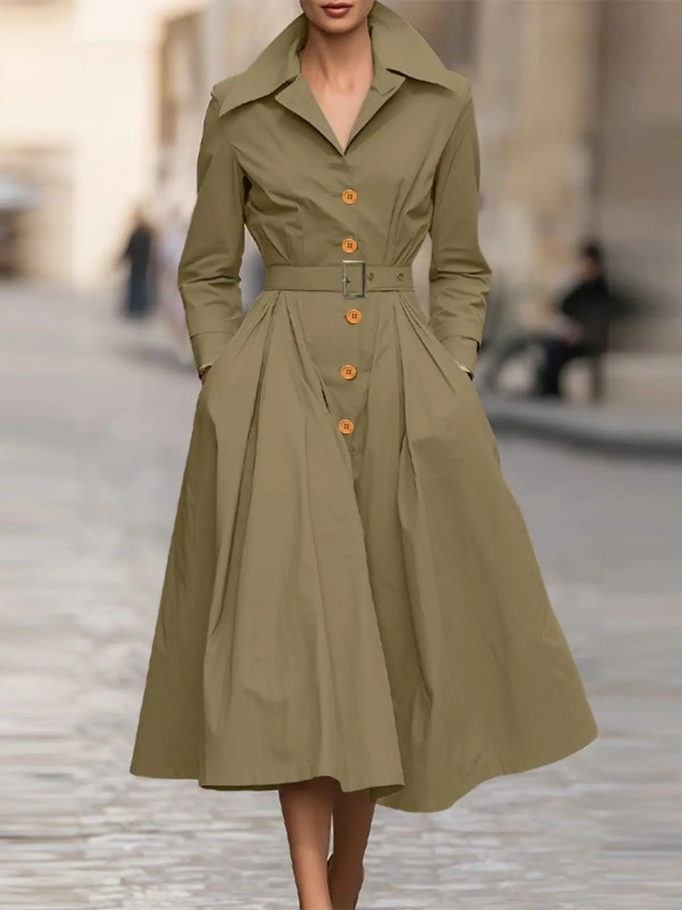Women's Basic Plain Solid Long Sleeve Belted Button Shirt Dress, Dresses with Sleeves, Chic Elegant Casual Fitted Design with Pockets, Perfect for Daily, Office, Parties, All Seasons, Casual Wear, Womenswear