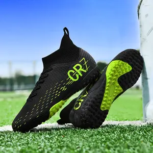 Men's High-top Soccer Shoes - Non-slip, Breathable, Lightweight, Soccer Boots with AG Studs, Suitable for Outdoor Training and Matches, Black with Yellow Accents, CR7 Design, PU Upper, Rubber Sole, Lace-up Closure