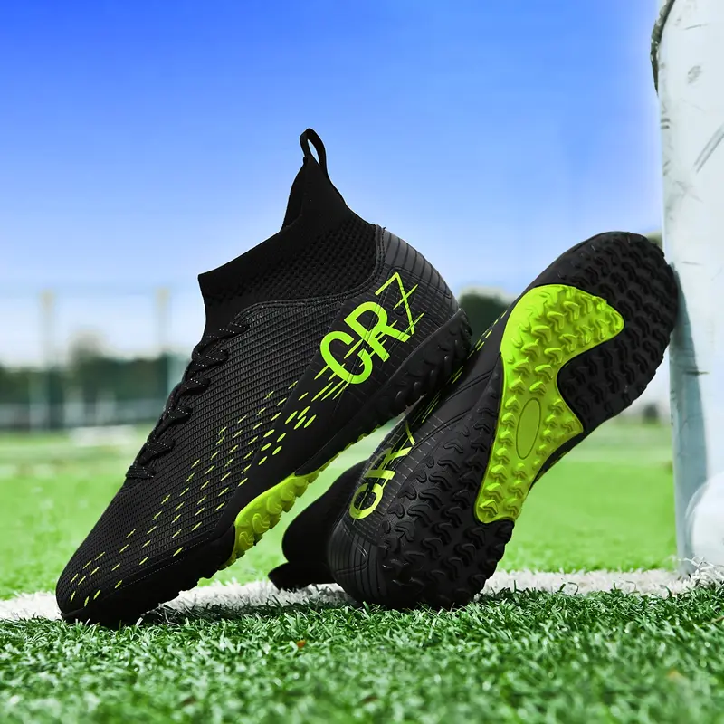 Men's High-top Soccer Shoes - Non-slip, Breathable, Lightweight, Soccer Boots with AG Studs, Suitable for Outdoor Training and Matches, Black with Yellow Accents, CR7 Design, PU Upper, Rubber Sole, Lace-up Closure