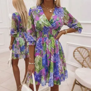 ChicMe Women's Floral Print Chiffon Mini Dress with Lined Coverage Sexy V-Neck Smocked Waist Summer Romper Look Flowy Ruffle Hem Vacation Dress/Summer Dress