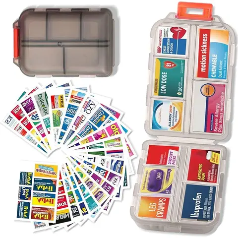 Pocket Pharmacy with Medicine Labels Travel Daily Pill Container Mini Medication Organizer Storage Pill Organizer Travel Essentials Pill Case 7 Day Pill Organizer(Grey & 146 Lables)