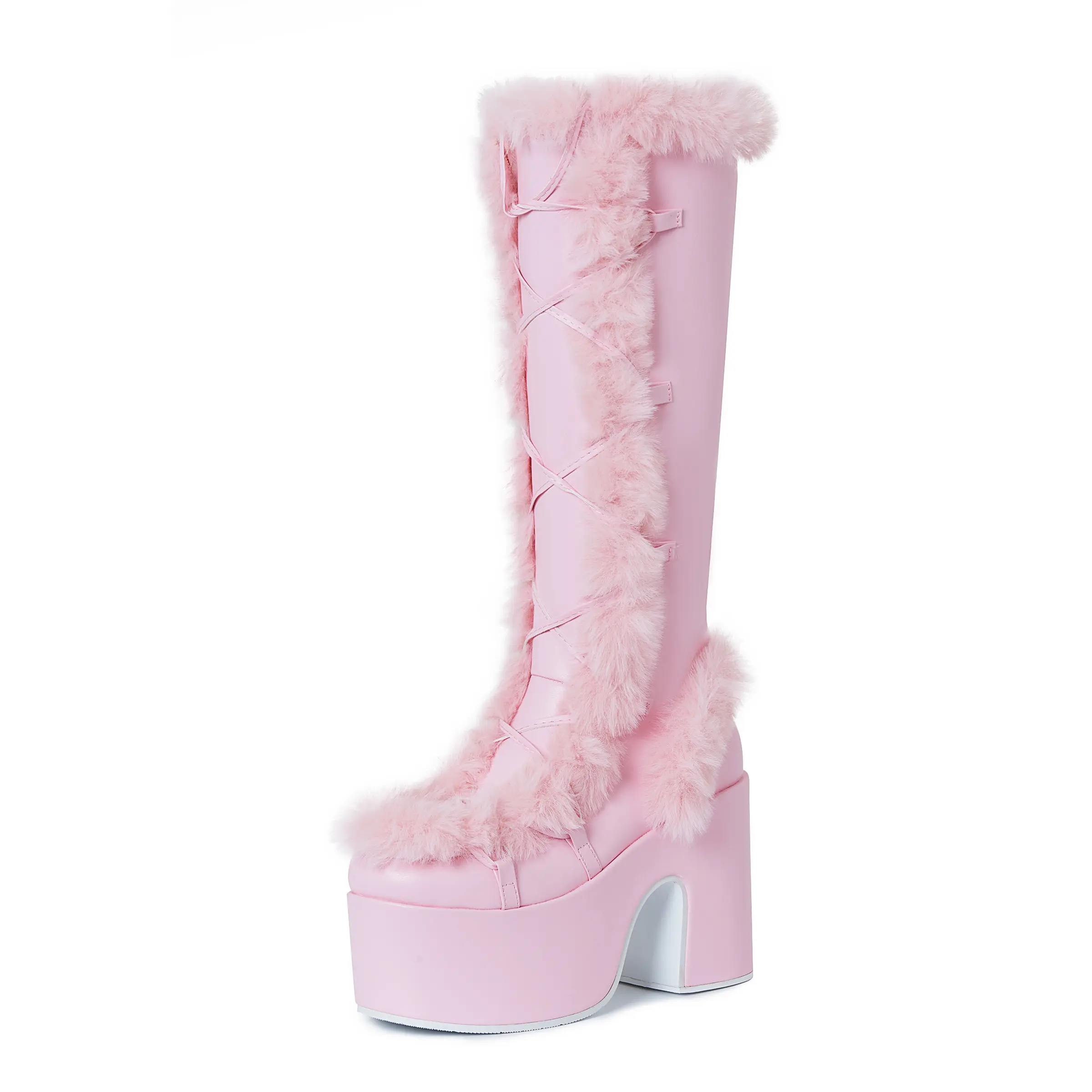 Women‘s Knee High Boots Platform Fluffy Panel Faux Suede Lace Up Boots Chunky Heel Side Zipper Punk Gothic Boots
