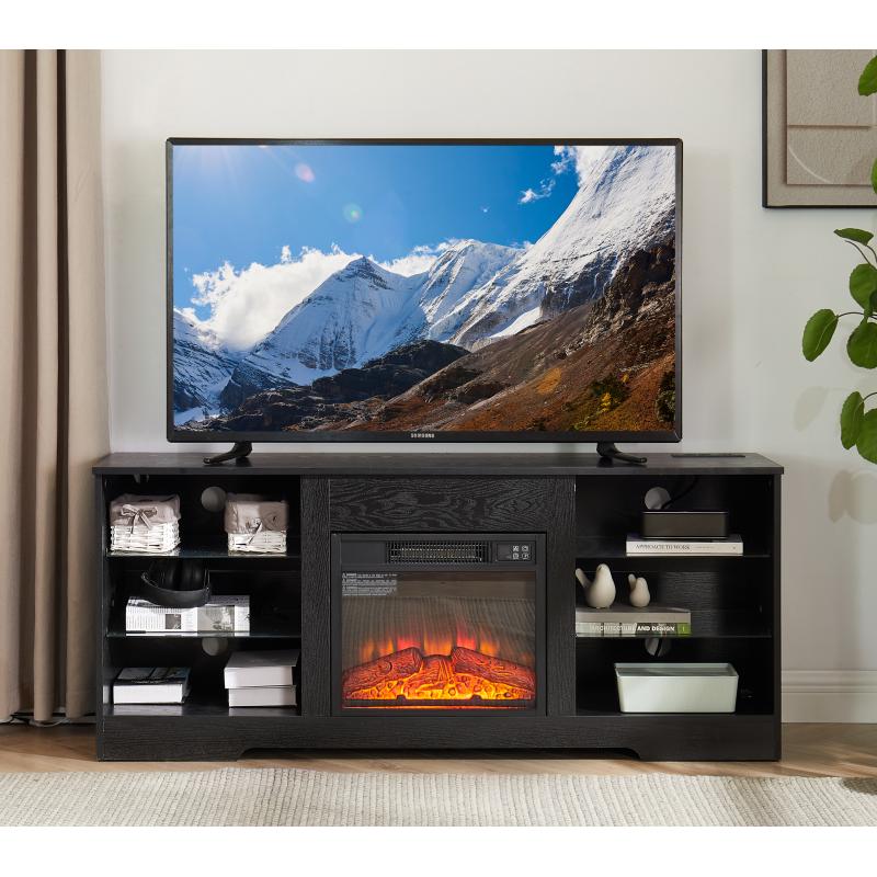 TV Stand Electric Fireplace  Glass Shelves, 3D Fireplace TV Stand with LED Lights Wood with USB Charging Outlet Modern Television Table Center for TV up to 62", 58''W*15.5''D*24.4