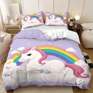 Unicorn Themed Quilt Cover Set 3 Piece, Soft Breathable Rainbow Unicorn Print Bedding, 100% Polyester for All Seasons