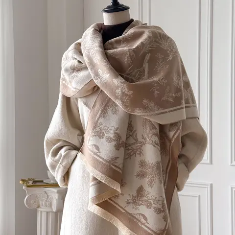 Women's Winter, Loose Fit Floral Pattern Shawl, Floral Print Scarf, Casual Loose-Fit Design, Thick Woven Fabric, Warm & Soft, Perfect for All Seasons, Elegant Fashion Accessory, Casual Fashionable Scarf