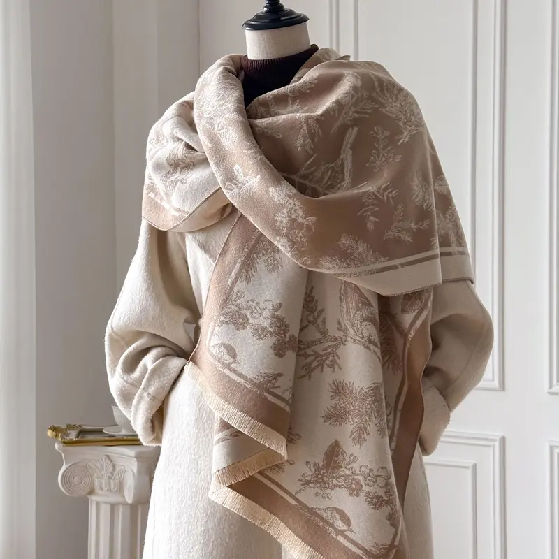 Women's Winter, Loose Fit Floral Pattern Shawl, Floral Print Scarf, Casual Loose-Fit Design, Thick Woven Fabric, Warm & Soft, Perfect for All Seasons, Elegant Fashion Accessory, Casual Fashionable Scarf