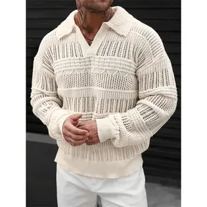Men’s casual collared sweater — long-sleeved semi-transparent knit pullover with a breathable openwork design; solid-color multifunctional top suitable for office, school, dates, and commuting. KNITTED SWEATER GARMENTARY