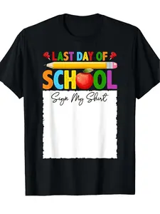 Men's Retro Autograph T-Shirt - Last Day of School & Graduation Gift Suitable for All-Season Comfort, Name/Message, Breathable Crew Neck Short Sleeve Tee with Signature Panel for School Events & Casual Wear