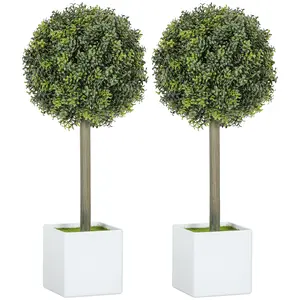 HOMCOM Lifelike Artificial Plants Set of 2, 1.5FT Potted Faux Trees with 114 PE Leaves, Fake Boxwood Topiary Balls for Home or Office Decor