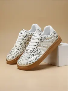 Women's White & Gold Leopard Print Retro Trainers, Comfortable Wide Toe Casual Shoes