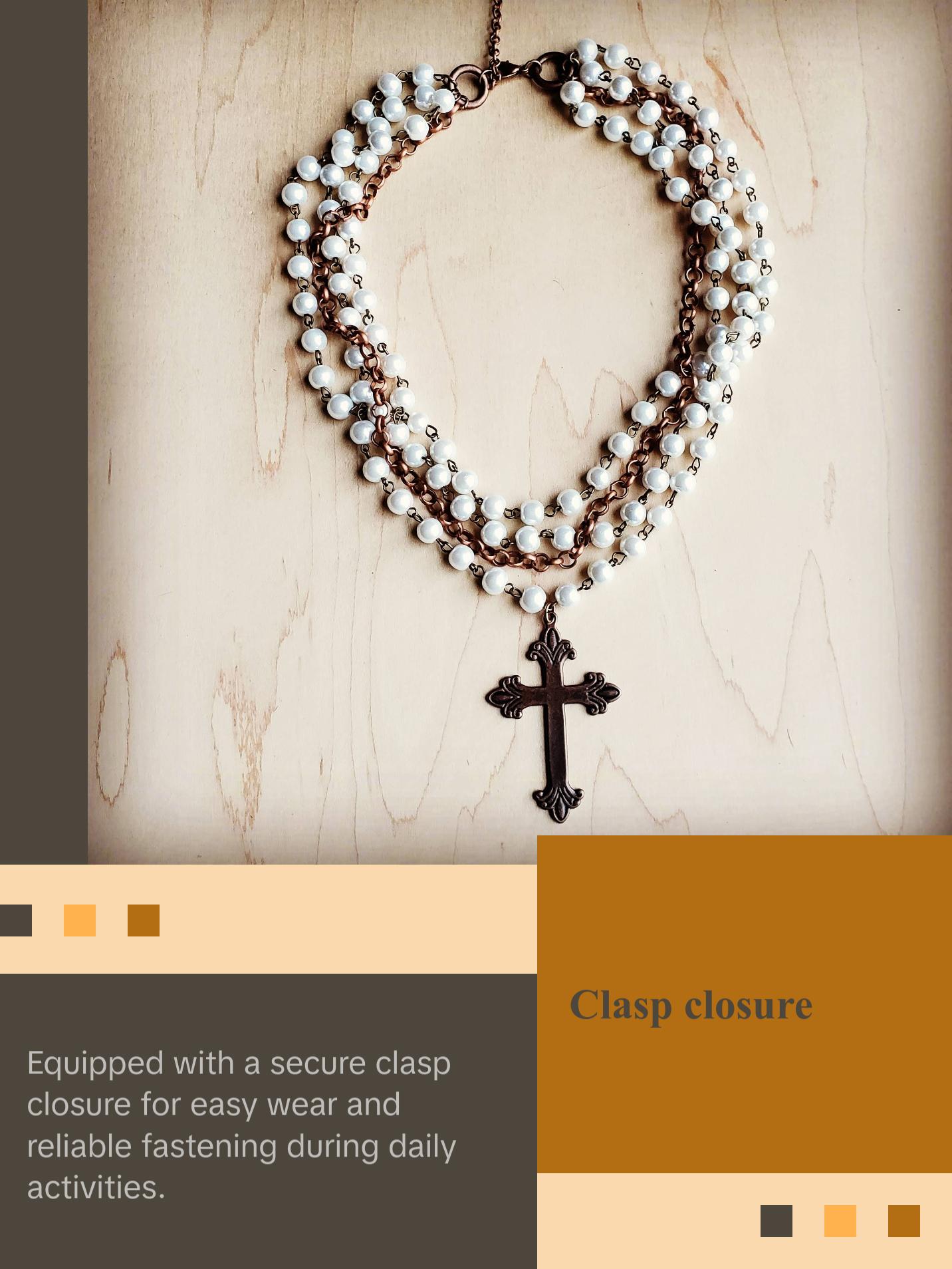 Pearl and Copper Beaded Collar Necklace with Copper Cross 114G
