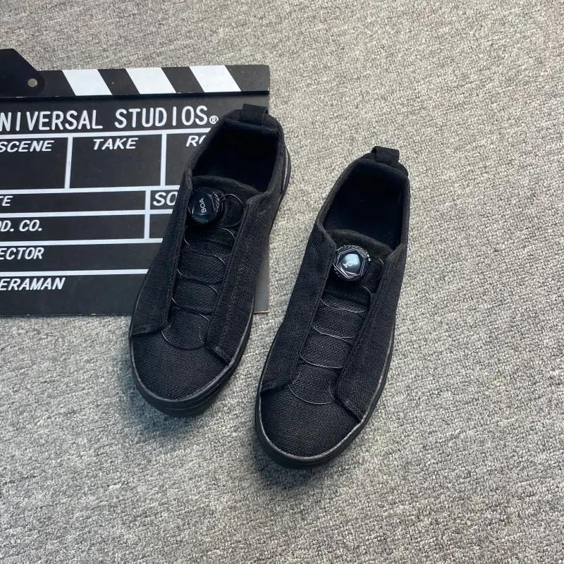 Large-size all-black linen casual board shoes with wide toe, BOA knob, one-step slip-on, unisex canvas shoes