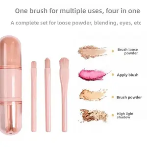 four-in-one makeup brush, multi-functional travel powder, eyeshadow, blush, and retractable capsule brush,Mini portable , Travel Makeup Brush Set - Loose Powder, Blush, Highlight & Eyeshadow,Cute & Trendy,Perfect for Teens