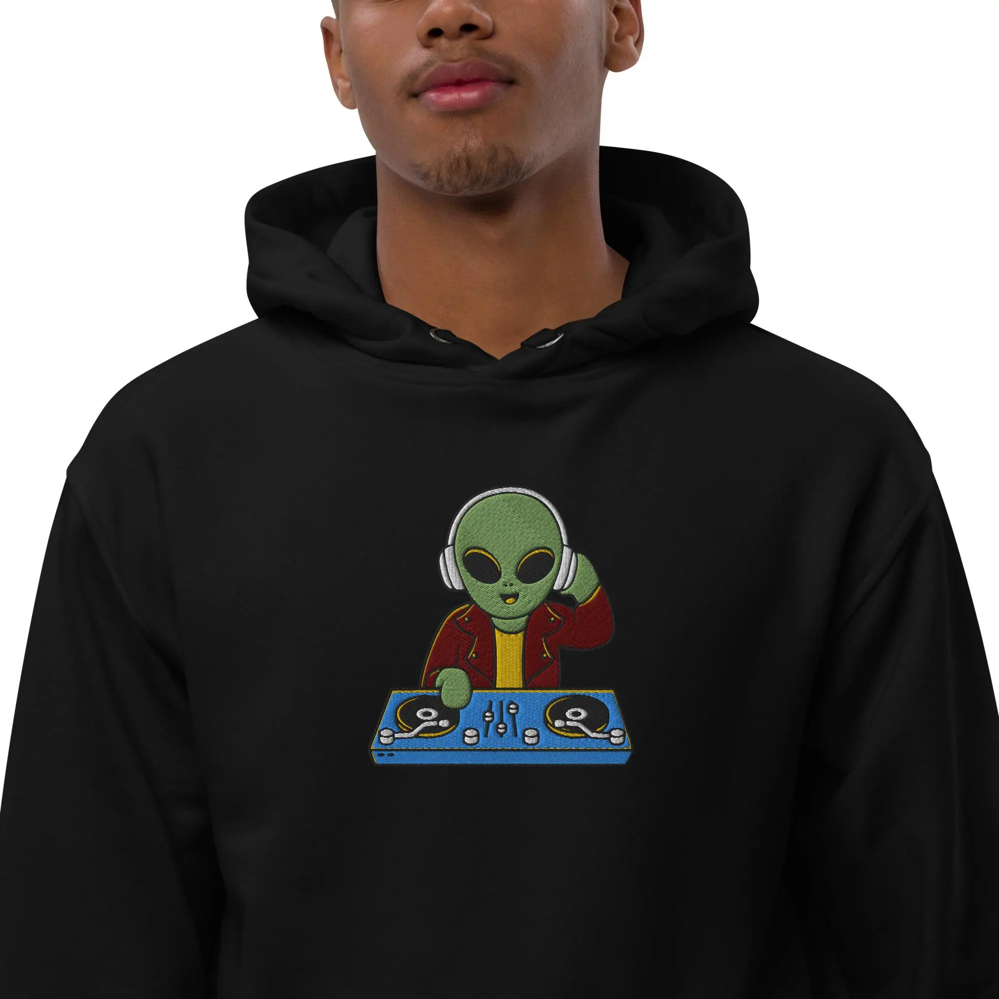 alien disc jockey embroidery | men's premium eco hoodie