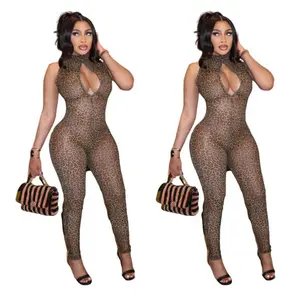 two-piece set woman 2025 New Leopard Jumpsuit Women Rave Sexy Turtleneck Mesh See Through Clothing High Stretch Club Wear Sleeveless Tight Jumpsuits
