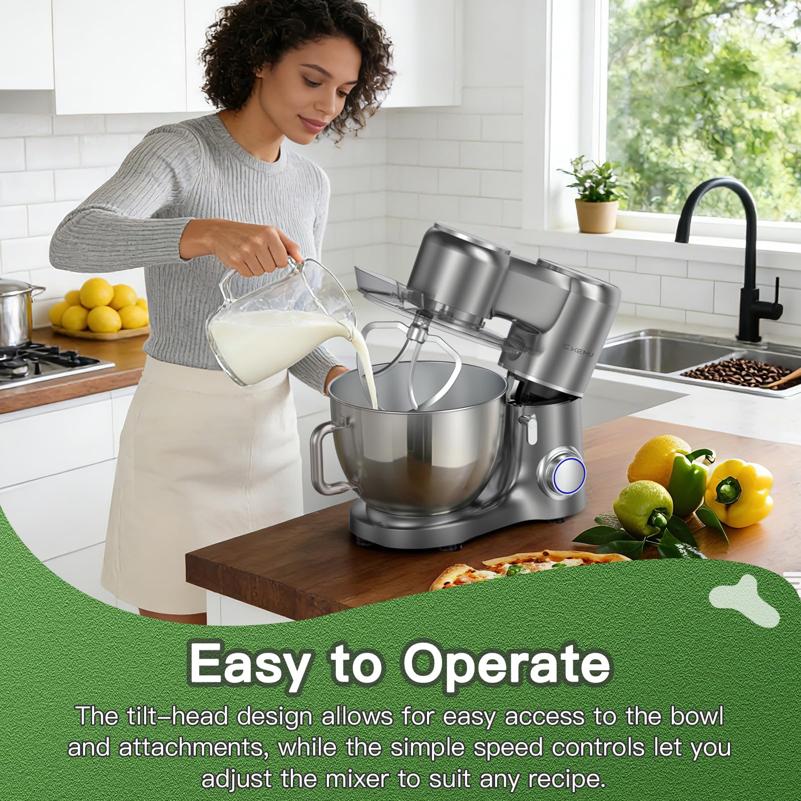 Ckemu 660W Stand Mixer | 8L Stainless Steel Bowl | 3 Attachments for Kneading, Whisking & Beating | 120V 60Hz | ETL Listed