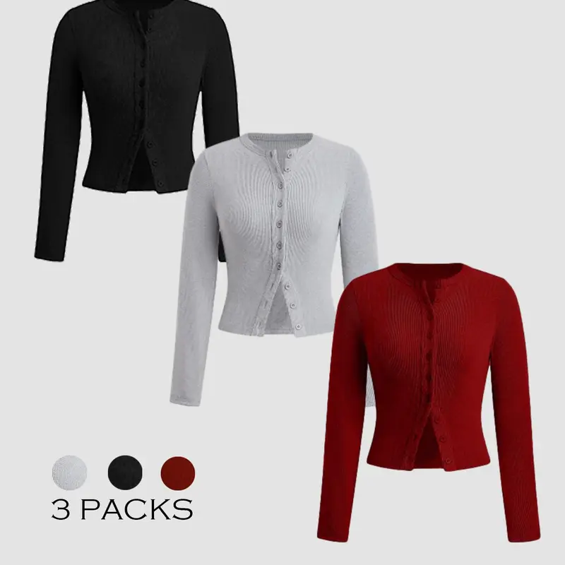 Women's Solid Button Front Ribbed Tee, Basic Casual Fit Long Sleeve Round Neck T-shirt, Top for Spring & Fall, Ladies Clothes for Daily Wear, Everyday, Fabric