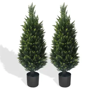 Set of two 37 Inch Artificial Cedar Topiary Trees for Outdoor Front Porch Décor - UV Rated Fake Plants for Indoor and Outdoor Use Decorative