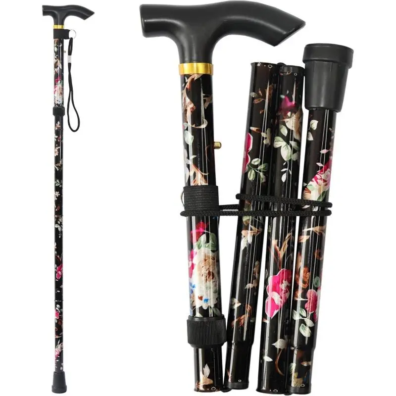 Folding Walking Cane for Adults, Healthcare Equipment with 5-Level Adjustable Height (152cm to 190cm/33 to 37 inches), Lightweight Collapsible Portable Travel Cane with Wrist Strap and T-Handle for Elderly