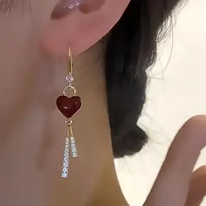 Elegant Red Heart Tassel Earrings with Sparkling Rhinestones & Gold Alloy Hooks Perfect for Daily Wear or Special Events Heart Shaped Jewelry