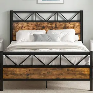 Wooden  Frame  Tall Headboard, Metal Platform  Frame  Headboard And Footboard, Under- Storage, Easy Assemble, Brown/ Grey, Twin/ Full/ Queen/ King with Size Floor Bed Guardrail