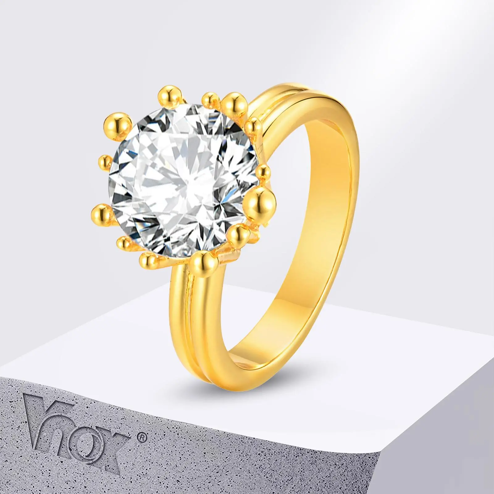 Vnox Big Solitaire Ring for Women, Sparking Sun Cubic Zirconia Stone Wedding Band, Anniversary Gift for Wife Her