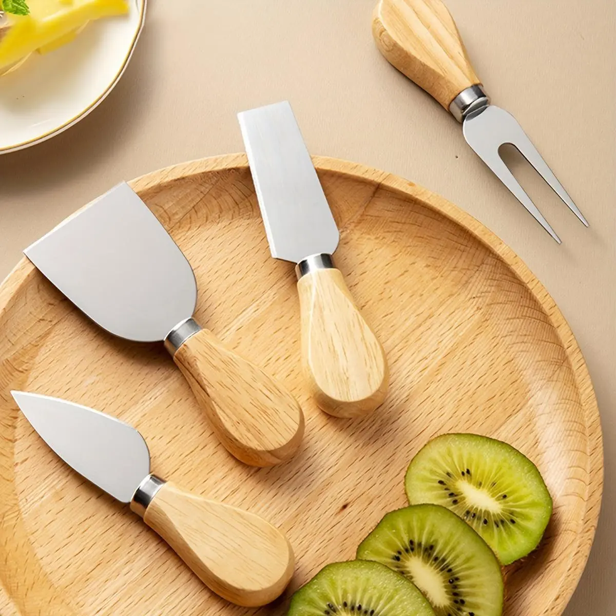 4pcs Stainless Steel Cheese Knife Set with Rubber Wooden Handles - Cream Spreader, Pizza Cutter, Fork, Spatula for Kitchen Use (Wooden Handles Cheese Knives), Stainless Steel Cheese Knives