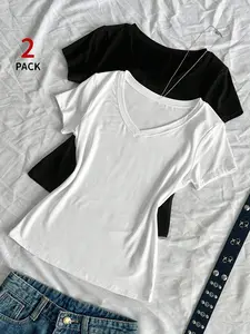 Women's Two-Piece V-Neck Short Sleeve T-Shirt Set, Y2K Style Fitted Basic Top, Soft Elastic Casual Summer Wear, Trendy Layering Innerwear